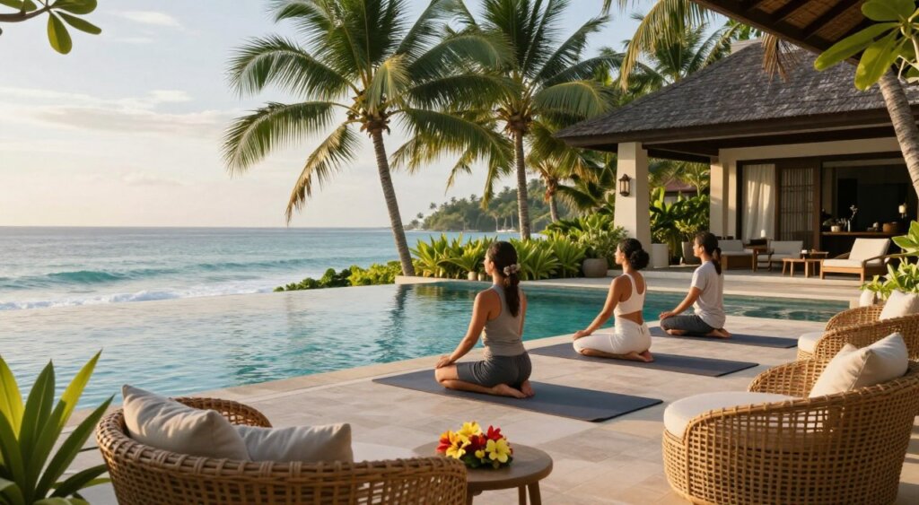 A serene wellness and relaxation scene at Zia Kuta Bali Hotel, featuring a tranquil infinity pool overlooking lush palm trees and the azure sea. In the foreground, a peaceful lounge area with comfortable wicker chairs and plush cushions, adorned with tropical flowers. In the middle, a guided yoga session with two individuals in modest casual clothing practicing mindfulness on yoga mats, bathed in warm afternoon sunlight. The background reveals the hotel's stylish architecture, blending seamlessly with nature, draped in vibrant greenery. Soft, diffused lighting enhances the tranquil atmosphere, creating a harmonious balance of relaxation and luxury. The overall mood is calm and inviting, embodying the essence of wellness in a tropical paradise.