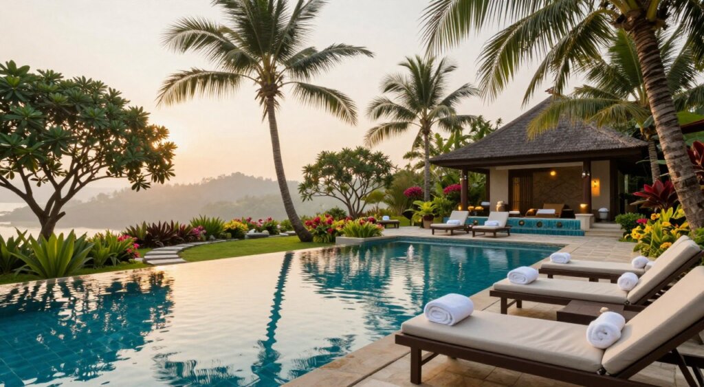 A serene wellness retreat spa pool surrounded by lush tropical gardens. In the foreground, a crystal-clear infinity pool reflects the soft morning light, with comfortable loungers and plush towels neatly arranged nearby. The mid-ground features delicate stone pathways interspersed with vibrant greenery and blooming flowers, creating a tranquil atmosphere. In the background, curved palm trees sway gently, and a picturesque arrangement of spa facilities can be seen, adorned with calming water features. The lighting is soft and warm, capturing the essence of dawn or dusk, enhancing the peaceful ambiance. The scene evokes a sense of relaxation and rejuvenation, ideal for a wellness escape, with no people present, allowing viewers to imagine themselves in this tranquil oasis.