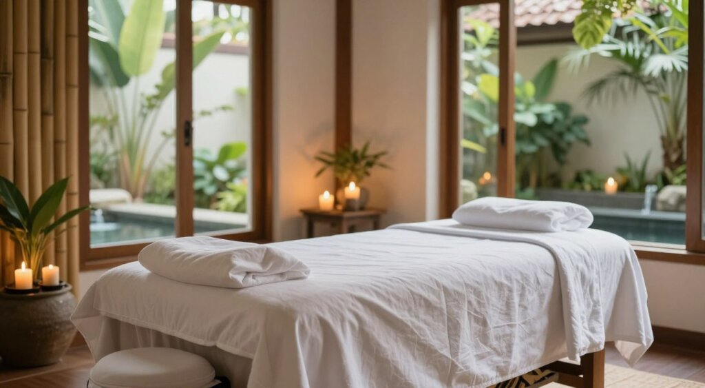 A serene wellness spa at Amnaya Resort and Spa Kuta, featuring a tranquil indoor setting with bamboo accents and natural wood furnishings. In the foreground, a plush massage table draped with soft, white linen, candles flickering softly on the side, emitting a warm glow. In the middle ground, large windows allow gentle sunlight to filter through lush greenery, creating a soothing atmosphere. Potted plants add a touch of nature, harmonizing with the spa's calming design. The background includes subtle water features, enhancing the peaceful ambiance. The overall mood is one of relaxation and rejuvenation, captured in a bright, airy composition, with a shallow depth of field focusing on the massage area. The image should exude tranquility and comfort, suitable for showcasing a luxurious wellness experience. A serene wellness spa at Amnaya Resort and Spa Kuta, featuring a tranquil indoor setting with bamboo accents and natural wood furnishings. In the foreground, a plush massage table draped with soft, white linen, candles flickering softly on the side, emitting a warm glow. In the middle ground, large windows allow gentle sunlight to filter through lush greenery, creating a soothing atmosphere. Potted plants add a touch of nature, harmonizing with the spa's calming design. The background includes subtle water features, enhancing the peaceful ambiance. The overall mood is one of relaxation and rejuvenation, captured in a bright, airy composition, with a shallow depth of field focusing on the massage area. The image should exude tranquility and comfort, suitable for showcasing a luxurious wellness experience.