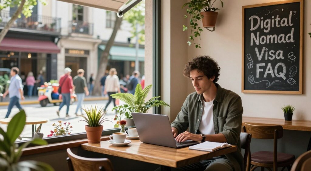 A serene workspace in a cozy cafe with large windows overlooking a bustling Buenos Aires street. In the foreground, a digital nomad, a young professional in smart casual attire, is focused on their laptop surrounded by coffee cups and notebooks. The midground features vibrant local decorations, plants, and a chalkboard with "Digital Nomad Visa FAQ" written in artistic chalk lettering. The background captures the lively atmosphere of the city with people walking by, including vendors and tourists. Warm, natural lighting flows in through the windows, creating an inviting and productive mood. The scene evokes a sense of exploration and opportunity for digital nomads seeking to work in Argentina.