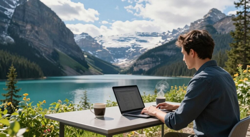 A serene workspace set against the backdrop of a stunning Canadian landscape. In the foreground, a focused individual, dressed in smart casual attire, sits at a modern outdoor desk with a laptop open, surrounded by vibrant greenery. A steaming cup of coffee sits beside them. In the middle ground, a majestic view of the Canadian Rockies or a tranquil lake reflects the sky, adding depth. The background features a clear blue sky with soft fluffy clouds, suggesting a peaceful, productive atmosphere. The image is captured with natural light, highlighting the individual and their workspace while casting gentle shadows. The overall mood conveys a sense of freedom, adventure, and professional opportunity associated with the digital nomad lifestyle in Canada.