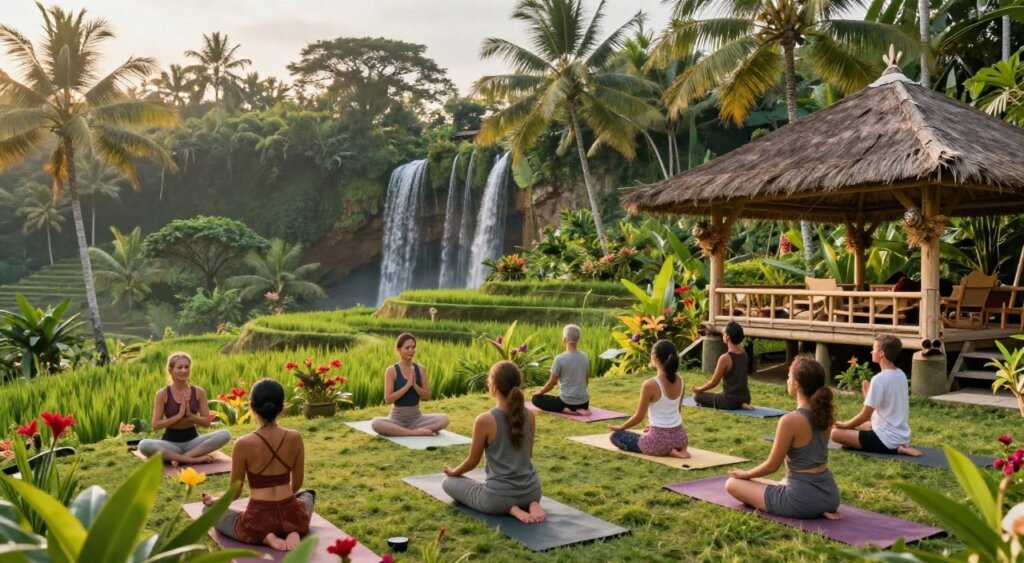 A serene yoga retreat set in lush, tropical Bali, showcasing a tranquil outdoor yoga pavilion surrounded by verdant greenery and vibrant flowers. In the foreground, a diverse group of solo travelers, depicted in modest, casual yoga attire, are engaged in a yoga session, demonstrating various poses with peaceful expressions. The middle ground features bamboo structures and wooden platforms overlooking a serene rice terrace, while in the background, cascading waterfalls and palm trees create a stunning natural backdrop. The atmosphere is infused with soft, natural lighting, as if illuminated by the golden glow of sunrise, capturing the essence of tranquility and self-discovery. The image is shot with a wide-angle lens to encompass the beauty of the landscape and the participants’ connection to their surroundings.