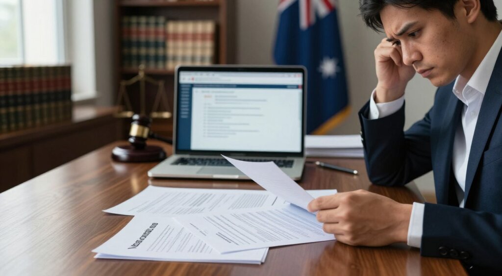 A serious legal office setting featuring a polished wooden desk with documents spread out, illustrating the theme of visa cancellation and legal penalties in Australia. In the foreground, a well-dressed professional in business attire, looking concerned while reviewing paperwork that includes a stamped "Visa Cancellation" notice. In the middle, a laptop displaying legal databases and immigration resources, with a blurred image of a gavel symbolizing justice. The background shows shelves stacked with law books and an Australian flag hanging on the wall. Soft, natural lighting filters through a window, creating a somber and professional atmosphere, with a slightly darkened tone to emphasize the gravity of the consequences faced by visa holders who ignore reporting obligations.