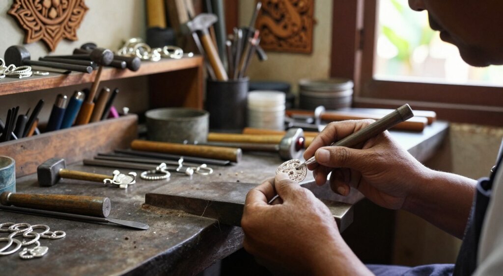A skilled artisan in a cozy workshop in Bali meticulously crafts silver jewelry, surrounded by tools and materials of the trade. In the foreground, a close-up of hands carefully shaping a silver pendant on a workbench, showcasing intricate details and textures of the metal. The middle ground includes shelves filled with various tools, hammers, and unfinished jewelry pieces, creating a warm, rustic atmosphere. The background features decorative Balinese motifs on the walls and natural light streaming in through a window, illuminating the workspace. Capture the mood of creativity and craftsmanship, with a focus on the dedication and passion of the artisan. Use a warm color palette and a slightly blurred depth of field to emphasize the foreground action.