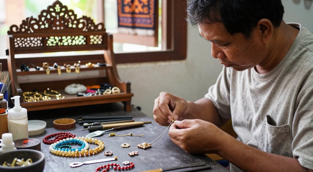A skilled artisan meticulously crafting handmade Bali jewellery in a charming workshop. In the foreground, a focused individual wears modest, casual clothing, surrounded by intricate pieces of jewellery, tools, and colorful beads. Their hands exhibit dexterity and artistry as they string together delicate designs. In the middle ground, decorative wooden shelves display a variety of completed items, highlighting the uniqueness of Bali craftsmanship. The background features soft natural light filtering through a window adorned with traditional Balinese fabrics, enhancing the warm atmosphere of creativity and culture. The composition should evoke a sense of community and dedication to the art, capturing the essence of the artisan tradition in Bali. The scene is framed with a subtle depth of field, emphasizing the artisan's focused expression and handiwork.