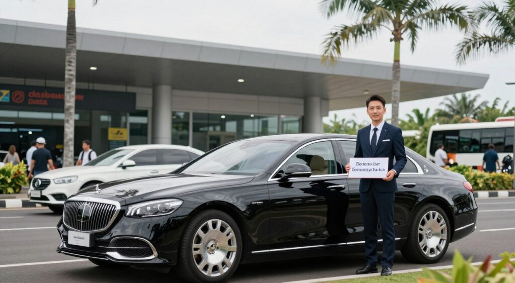 A sleek, luxury sedan parked in front of a modern Bali airport terminal, showcasing a private car transfer service. In the foreground, a professional driver in smart business attire stands beside the vehicle, holding a sign with a guest's name, symbolizing personalized service. The middle ground features the terminal building with travelers arriving and departing, capturing the hustle and bustle of the airport setting. In the background, palm trees and tropical landscaping subtly frame the scene, evoking a relaxing atmosphere typical of Bali. Soft, natural lighting highlights the shiny car exterior, while a slight bokeh effect suggests depth. The image conveys a sense of elegance and comfort, perfect for illustrating private transfer options.