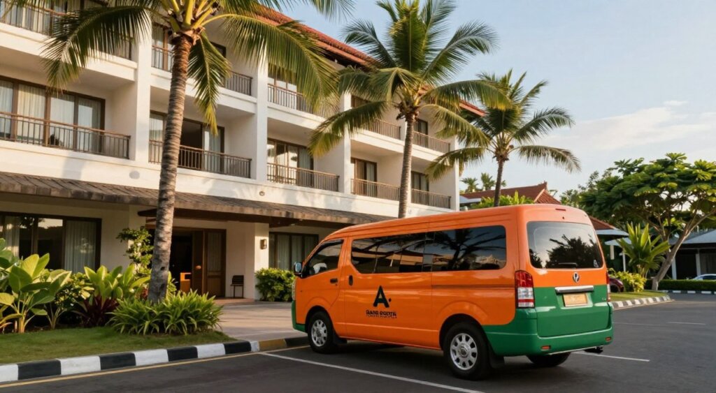 A sleek, modern airport transfer vehicle awaits outside the Harris Hotel Kuta Galleria, showcasing its vibrant orange and green branding. In the foreground, the vehicle is parked on a sunlit driveway, neatly contrasted against the hotel's tropical landscaping. The middle section captures the hotel's distinctive architecture, featuring spacious balconies and palm trees swaying gently in the warm breeze. The background reveals a clear blue sky and hints of Bali's lush greenery. The scene is bathed in soft, warm lighting, reminiscent of the late afternoon sun, evoking a welcoming atmosphere. The photo is taken from a low angle to emphasize the vehicle and hotel simultaneously, suggesting a sense of arrival and convenience for guests. The overall mood is relaxed, professional, and inviting, conveying the essence of seamless transportation to the hotel.