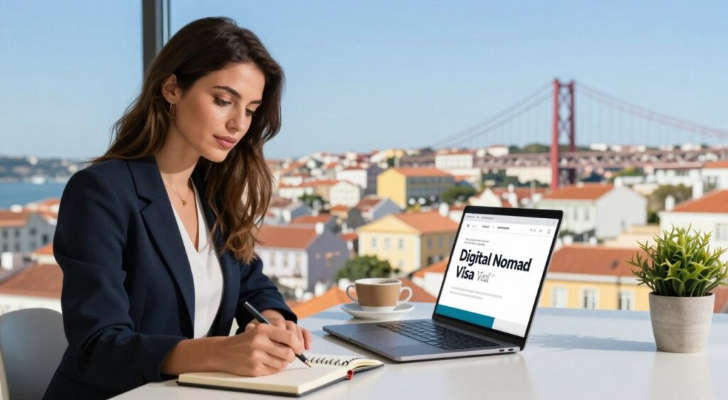 A sleek, modern workspace with a digital nomad focused on a laptop, taking notes on a notepad, showcasing the essence of the Digital Nomad Visa in Portugal. The foreground features a young professional woman in smart casual attire, deeply engaged in her work, with a light and thoughtful expression. The middle layer includes a stylish coffee cup and a small plant on a minimalist desk, conveying a sense of productivity. The background reveals a vibrant cityscape of Lisbon, with colorful buildings and the iconic 25 de Abril Bridge, under bright, clear blue skies. Soft natural lighting illuminates the scene, creating a warm and inviting atmosphere that inspires creativity. The composition is captured at a slight angle to emphasize the dynamic environment while retaining a professional feel.