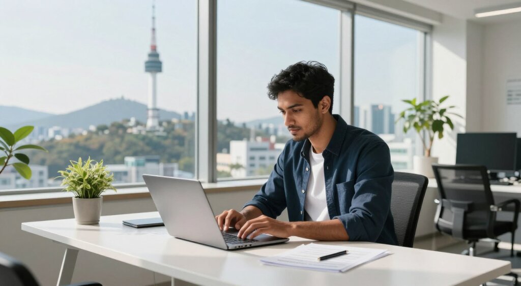A sleek, modern workspace with a panoramic view of Seoul's skyline in the background, featuring the iconic N Seoul Tower. In the foreground, a digital nomad sitting at a clean, minimalist desk, reviewing documents on a laptop. The nomad, a South Asian man in smart casual clothing, appears focused and engaged. Sunlight streams through large windows, casting soft shadows across the room. A potted plant adds a touch of greenery, enhancing the atmosphere of productivity. The overall mood is vibrant and motivational, showcasing a blend of urban life and remote work possibilities. The composition emphasizes clarity and professionalism, suitable for an informative article on visa requirements.