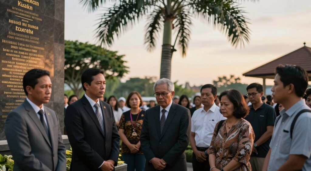 A solemn scene at the Bali Bombing Memorial, capturing the essence of remembrance and reflection. In the foreground, a diverse group of somber individuals, dressed in professional business attire and modest casual clothing, gather around a memorial wall adorned with heartfelt testimonials and stories from survivors and families. Their expressions convey deep emotions—grief, hope, and resilience. In the middle ground, elegant trees sway gently, casting soft shadows. The background features a serene sky at golden hour, illuminating the memorial with warm, diffused light, enhancing the atmosphere of tranquility and remembrance. The image is composed with a shallow depth of field to focus on the individuals while softly blurring the memorial details, creating an intimate, respectful vibe, reminiscent of high-quality photojournalism.