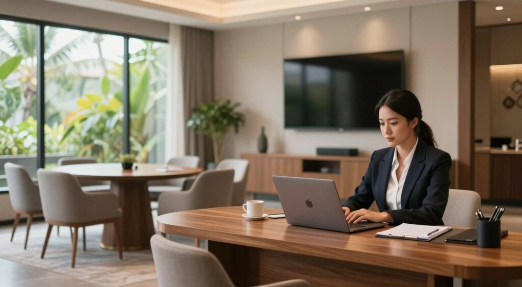 A sophisticated business lounge at Zia Kuta Bali, featuring modern furnishings such as sleek wooden desks and comfortable chairs. In the foreground, a professional woman in a smart business outfit is seen using a laptop. The middle ground showcases a stylish meeting room with a large screen and a round table, adorned with notepads and pens. Bright, natural light flows in through large windows, illuminating the warm color palette of the decor, creating a welcoming atmosphere. In the background, tropical greenery can be glimpsed outside the windows, adding a serene touch. The image should have a slight depth of field effect, emphasizing the business amenities while keeping the surroundings softly blurred. The overall mood is one of professionalism and comfort, perfect for business travelers.