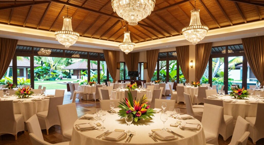 A sophisticated event hosting ballroom at the Ramayana Resort Kuta, showcasing an elegantly decorated space ideal for corporate events and weddings. In the foreground, a round table elegantly set with fine tableware and centerpieces featuring tropical flowers. The middle ground features a spacious ballroom with high ceilings, adorned with shimmering chandeliers, and luxurious drapes in warm tones. In the background, large windows reveal a view of the lush tropical gardens outside, bathed in soft natural light, creating an inviting atmosphere. The composition captures the professionalism and sophistication of the venue, emphasizing a serene and elegant ambiance with a warm color palette. The scene is photorealistic, with attention to detail and natural lighting that highlights the exquisite decor. A sophisticated event hosting ballroom at the Ramayana Resort Kuta, showcasing an elegantly decorated space ideal for corporate events and weddings. In the foreground, a round table elegantly set with fine tableware and centerpieces featuring tropical flowers. The middle ground features a spacious ballroom with high ceilings, adorned with shimmering chandeliers, and luxurious drapes in warm tones. In the background, large windows reveal a view of the lush tropical gardens outside, bathed in soft natural light, creating an inviting atmosphere. The composition captures the professionalism and sophistication of the venue, emphasizing a serene and elegant ambiance with a warm color palette. The scene is photorealistic, with attention to detail and natural lighting that highlights the exquisite decor.