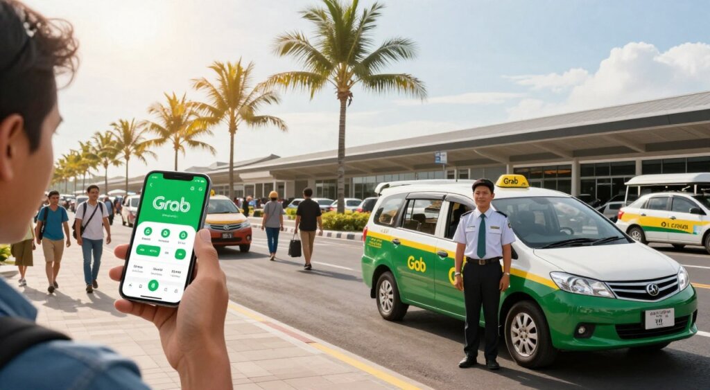 A split-image scene highlighting the comparison between Bali airport taxi services and the Grab app system. In the foreground, a professional driver in a neat uniform stands next to a traditional Bali taxi, showcasing the vehicle’s branding and signage. On the left side, a person in casual clothing uses a smartphone to book a Grab ride, showcasing a smartphone with the Grab interface illuminated. The middle ground features a bustling airport environment with travelers arriving and departing, palm trees swaying gently in the warm sun. The background captures the iconic Bali airport architecture. The lighting is bright and sunny, creating an inviting atmosphere, with a wide-angle lens perspective to emphasize the lively travel scene. The overall mood conveys the excitement of arriving in Bali while comparing transportation options.