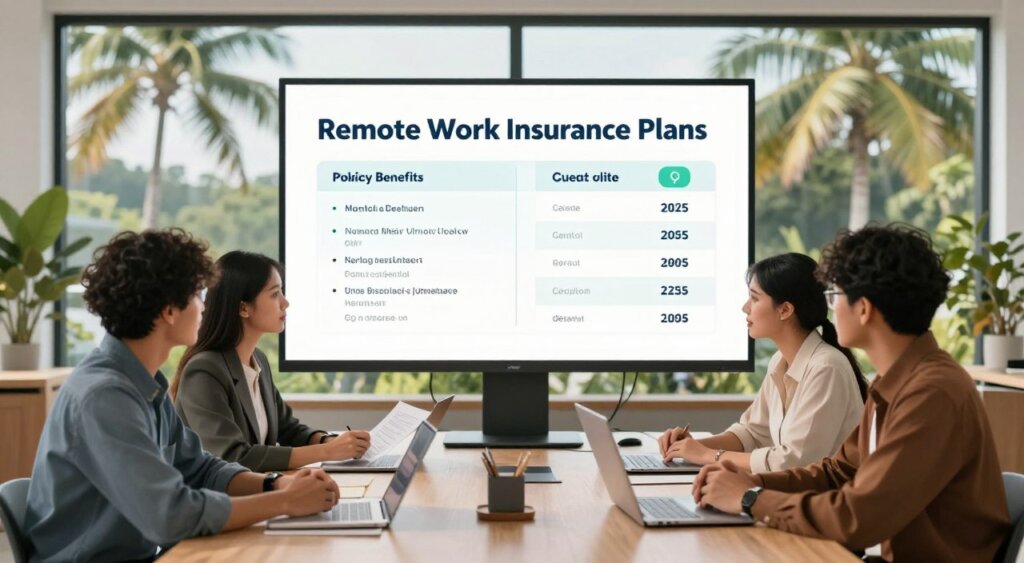 A split-screen illustration depicting the comparison of local and international remote work insurance plans in Indonesia. In the foreground, a diverse group of professionals in smart casual attire, engaged in discussion around a table filled with insurance documents and laptops. The middle ground showcases a digital screen displaying a side-by-side comparison chart of policy benefits, coverage options, and costs. The background features a modern office space with large windows showing a tropical Indonesian landscape outside, filled with palm trees. Soft, natural lighting illuminates the scene, creating a warm and inviting atmosphere, enhancing the professionalism of the setting. The image should evoke a sense of teamwork and informed decision-making.