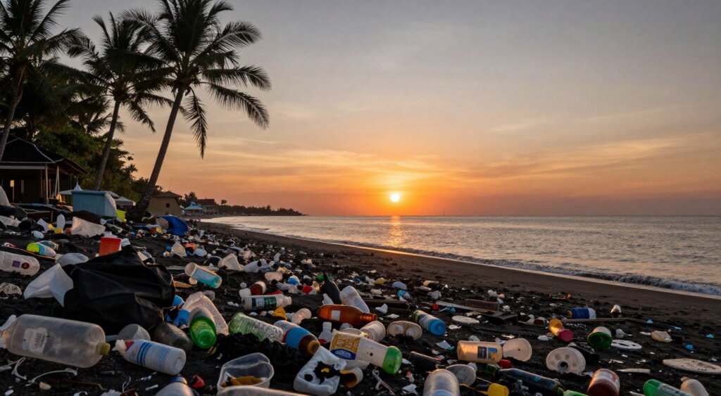 A stark portrayal of environmental pollution in Kuta, Bali. In the foreground, a litter-strewn beach showcases plastic waste, discarded bottles, and bags tumbling alongside the shoreline. The middle ground features a vibrant sunset, casting an orange glow over the ocean, contrasting with the debris. In the background, a silhouette of palm trees gently swaying, juxtaposed against a distant view of tourist resorts. Use a wide-angle lens to emphasize the expansive landscape. The lighting should be warm but also reveal the harsh reality of pollution. The atmosphere is somber yet hopeful, inviting a call to action for beach clean-ups, while capturing the unique beauty of Bali. The image should evoke a powerful emotional response without text or overlays.