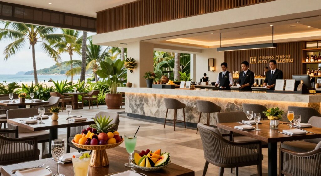 A striking image of the Harris Hotel Kuta Galleria, showcasing special offers and promotional deals. In the foreground, elegantly arranged tables with tropical fruit platters and drinks in stylish glassware to suggest luxury and relaxation. In the middle ground, a welcoming hotel lobby featuring modern decor, with friendly staff in professional business attire ready to assist guests. The background highlights the vibrant Kuta scenery, with lush greenery and glimpses of the beach, enhancing the tropical atmosphere. Soft, warm lighting filters through, creating a welcoming and inviting mood. The composition is captured at a slight angle to emphasize the hotel's architecture and lush surroundings, aiming for a high-quality, photojournalistic style reminiscent of National Geographic.