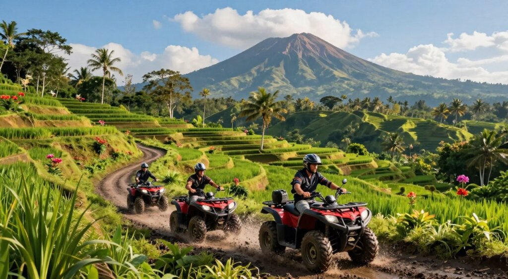 A stunning Bali ATV adventure scene showcasing a winding, rugged trail through lush, vibrant greenery. In the foreground, a pair of ATV riders wearing helmets and professional off-road gear navigate through a muddy path, splashing water as they traverse the terrain. The middle ground features a breathtaking view of rice terraces cascading down rolling hills, dotted with tropical trees and vibrant flowers, demonstrating the island's natural beauty. In the background, majestic volcanic mountains rise against a bright blue sky with fluffy white clouds, casting dappled shadows on the landscape. The image captures the thrill of adventure while encapsulating Bali's stunning scenery, illuminated by warm, golden sunlight that enhances the vibrant colors and brings the scene to life.