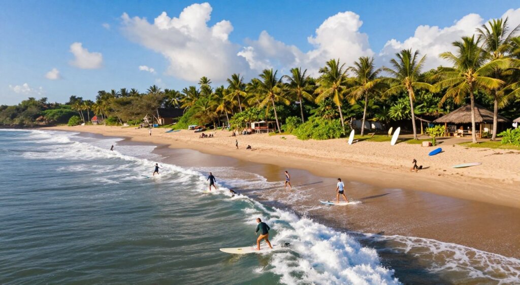 A stunning aerial view of Bali's best surf breaks for beginners during the surfing season, showcasing gentle, rolling waves lapping against pristine sandy beaches. In the foreground, several enthusiastic surfers in modest wetsuits are riding the waves, capturing the thrill and excitement of beginner surfing. The middle ground features picturesque palm trees and lush greenery, typical of Bali’s tropical landscape, with surfboards propped on the beach. In the background, vibrant blue skies with fluffy white clouds enhance the sunny atmosphere. The image is bathed in warm, golden sunlight, evoking a sense of adventure and tranquility. Shot at a slight angle to emphasize both the surfers and the scenic beauty of the coastline, this photograph should reflect the ideal conditions for new surfers in an idyllic setting.