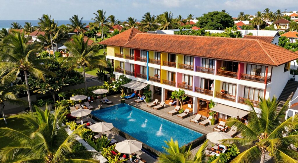 A stunning aerial view of Febris Hotel Kuta Bali, showcasing its vibrant architecture and lush tropical surroundings. The foreground features the hotel’s inviting pool area, surrounded by tropical plants and sun loungers, radiating a relaxing atmosphere. In the middle ground, capture the hotel's unique architectural style, colorful balconies, and open common areas where guests mingle and enjoy their stay. The background includes Bali’s iconic landscape, with palm trees swaying gently in the breeze and hints of the distant ocean. Bright, natural sunlight bathes the scene, enhancing the vibrant colors and evoking a warm, welcoming vibe. The angle should be slightly elevated, resembling a professional photojournalism shot, with a focus on capturing the hotel's essence in a clear, realistic style.