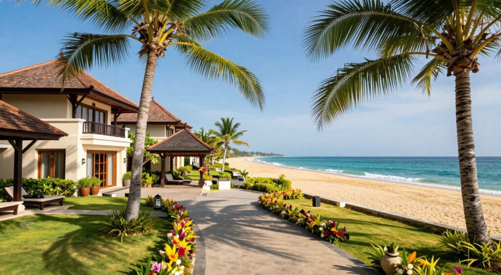 A stunning beachfront resort in Bali, showcasing the Ramayana Resort & Spa Kuta. In the foreground, gently swaying palm trees frame the vibrant scene, while a well-maintained pathway leads to the resort entrance adorned with tropical flowers. The middle ground features the resort’s elegant architecture, a blend of traditional Balinese style with modern amenities, inviting balconies overlooking the ocean. In the background, the serene beach stretches into the horizon, golden sand meeting crystal-clear turquoise waters under a bright, clear blue sky. Soft sunlight bathes the scene, casting warm, inviting shadows. This photojournalism-style composition captures the tranquil atmosphere of relaxation and escape, ideal for illustrating the resort's location and accessibility. A stunning beachfront resort in Bali, showcasing the Ramayana Resort & Spa Kuta. In the foreground, gently swaying palm trees frame the vibrant scene, while a well-maintained pathway leads to the resort entrance adorned with tropical flowers. The middle ground features the resort’s elegant architecture, a blend of traditional Balinese style with modern amenities, inviting balconies overlooking the ocean. In the background, the serene beach stretches into the horizon, golden sand meeting crystal-clear turquoise waters under a bright, clear blue sky. Soft sunlight bathes the scene, casting warm, inviting shadows. This photojournalism-style composition captures the tranquil atmosphere of relaxation and escape, ideal for illustrating the resort's location and accessibility.