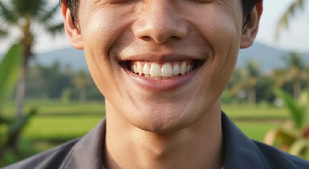 A stunning close-up of a person showcasing a radiant smile with Bali veneers in a lush tropical setting, highlighting the natural aesthetics of the teeth. The foreground features the individual's mouth, emphasizing the glossy, pristine finish of the veneers, while the middle ground captures their glowing face framed by lush green foliage and warm, natural sunlight filtering through. The background presents a serene Balinese landscape with rice paddies and distant mountains, creating a tranquil atmosphere. The image should have soft, warm lighting to evoke a sense of serenity and health. Utilize a shallow depth of field to keep the focus on the smile, giving it a professional photojournalism style. The person should be wearing a smart casual outfit, representing confidence and approachability.