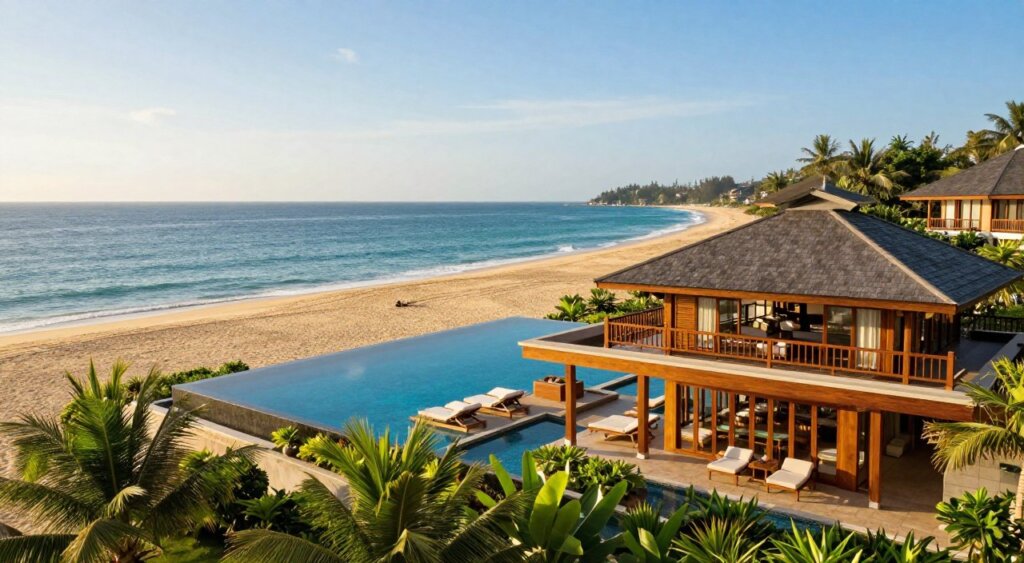 A stunning coastal scene depicting the Amnaya Resort Kuta, situated near the beach. In the foreground, lush tropical plants frame the elegantly designed resort with its warm wooden tones and inviting architecture. In the middle ground, the resort features a large infinity pool with sun loungers, reflecting the clear blue sky. The background is dominated by the soft golden sands of Kuta Beach, merging seamlessly with the azure ocean. The scene is bathed in soft, warm sunlight, evoking a serene and inviting atmosphere. Capture this image from a slightly elevated angle, showcasing the harmony between the resort and its beautiful surroundings, reminiscent of a high-quality photojournalistic style. A stunning coastal scene depicting the Amnaya Resort Kuta, situated near the beach. In the foreground, lush tropical plants frame the elegantly designed resort with its warm wooden tones and inviting architecture. In the middle ground, the resort features a large infinity pool with sun loungers, reflecting the clear blue sky. The background is dominated by the soft golden sands of Kuta Beach, merging seamlessly with the azure ocean. The scene is bathed in soft, warm sunlight, evoking a serene and inviting atmosphere. Capture this image from a slightly elevated angle, showcasing the harmony between the resort and its beautiful surroundings, reminiscent of a high-quality photojournalistic style.