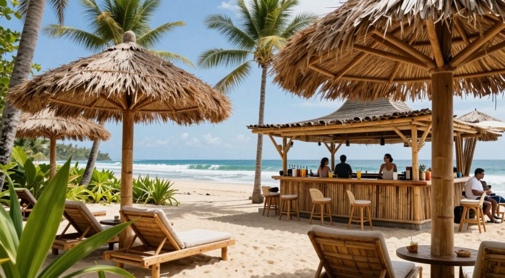 A stunning, eco-friendly beach club in Bali, showcasing sustainable architecture made of bamboo and reclaimed materials. In the foreground, comfortable, natural wood lounge chairs are arranged under large, thatched umbrellas, with lush tropical plants framing the scene. The middle ground features an inviting, open-air bar made from locally sourced materials, where guests in modest casual clothing enjoy fresh tropical drinks. The background reveals a pristine beach with gentle waves lapping at the shore under a brilliant blue sky, with palm trees swaying softly in the breeze. The sunlight bathes the scene in a warm glow, creating a relaxed, inviting atmosphere. The shot is captured from a low angle to emphasize the beauty of the surroundings, conveying the essence of eco-conscious leisure amidst nature.