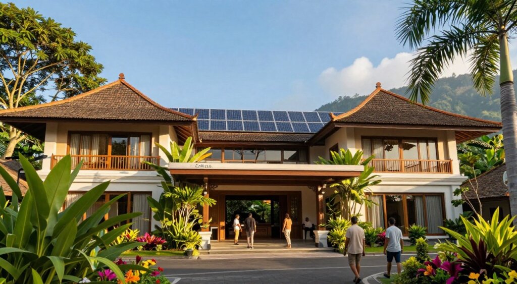 A stunning, eco-friendly portrayal of Zia Kuta Bali Hotel, showcasing its commitment to sustainability. In the foreground, lush tropical plants and vibrant flowers frame the entrance, where eco-conscious guests in modest casual clothing are seen enjoying the serene surroundings. The middle ground features the hotel's modern yet traditional architecture, blending seamlessly with nature, with solar panels visible on the rooftops. In the background, a clear blue sky meets the distant mountains, illuminated by warm, golden sunlight, creating an inviting atmosphere. Capture this scene with a wide-angle lens to encompass the hotel's harmonious relationship with its environment, evoking a sense of tranquility and responsibility towards nature.