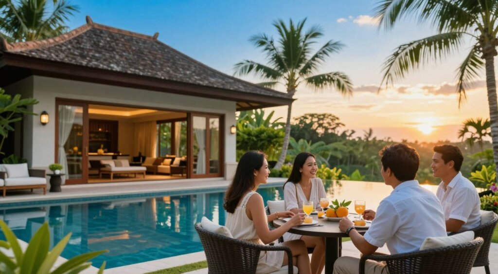 A stunning exterior view of a luxurious Bali villa set amidst lush tropical greenery, showcasing an inviting infinity pool that reflects the vibrant blue sky. In the foreground, a small table is accompanied by elegant, modestly dressed guests enjoying refreshments and sharing smiles, capturing the essence of relaxation. The middle ground features the villa's open-air living space with large glass doors that blur the line between indoor and outdoor living, adorned with tasteful decor. In the background, palm trees sway gently against a serene sunset, casting warm golden light that enhances the tranquil atmosphere. The scene is composed with a shallow depth of field, focusing on the joyful guests while the villa blurs softly in the backdrop, creating a warm, inviting feel reminiscent of a peaceful retreat.