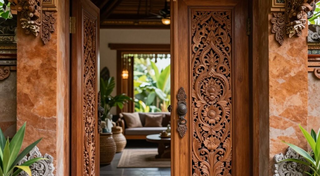 A stunning interior view featuring an intricately carved Balinese door, showcasing the rich cultural craftsmanship of Bali. The foreground highlights the detailed woodwork, with floral and mythical motifs intricately etched into the door’s surface. In the middle ground, soft, warm light filters through the doorway, illuminating the entryway adorned with traditional Balinese decor, such as woven baskets and lush green plants. The background reveals a cozy, serene living area with natural materials like stone and bamboo, creating an inviting atmosphere. The image captures a sense of tranquility and elegance, with a focus on the harmonious blend of nature and artistry. Use a slightly angled perspective to emphasize depth, with natural lighting that enhances the warm tones of the wood.