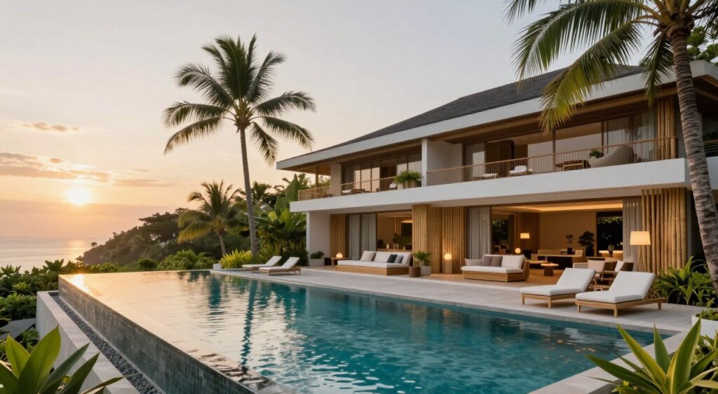 A stunning, luxury accommodation architectural design of The Bene Kuta, showcasing unique features in a tropical paradise setting. In the foreground, a sleek infinity pool seamlessly blends into the landscape, surrounded by lush greenery and modern lounge chairs. The middle ground reveals an elegant, contemporary building with expansive windows and bamboo accents, showcasing open-air living spaces adorned with plush furnishings. In the background, palm trees sway gently against a golden sunset, casting warm, tranquil light across the scene. Capture the ambiance and serenity of a high-end resort, with soft, inviting lighting. Use a wide-angle lens to emphasize the harmonious integration of architecture and nature, embodying a luxurious yet relaxing atmosphere perfect for an upscale getaway.