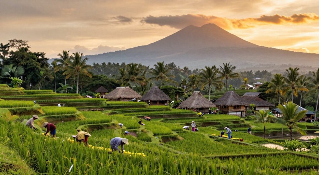 A stunning panoramic view of Bali's diverse landscapes showcasing vibrant rice terraces, lush jungles, serene beaches, and traditional Balinese villages. In the foreground, include a beautiful rice paddy with farmers in modest casual clothing tending to the crops. The middle ground features a cluster of thatched-roof huts surrounded by palm trees, representing local culture. In the background, depict volcanic mountains under a dramatic sunset, casting a warm glow over the scene. Use soft, natural lighting to enhance the peaceful atmosphere, capturing the essence of Bali's regions. The angle should offer a sweeping landscape perspective, akin to National Geographic photojournalism, evoking a sense of wonder and tranquility.