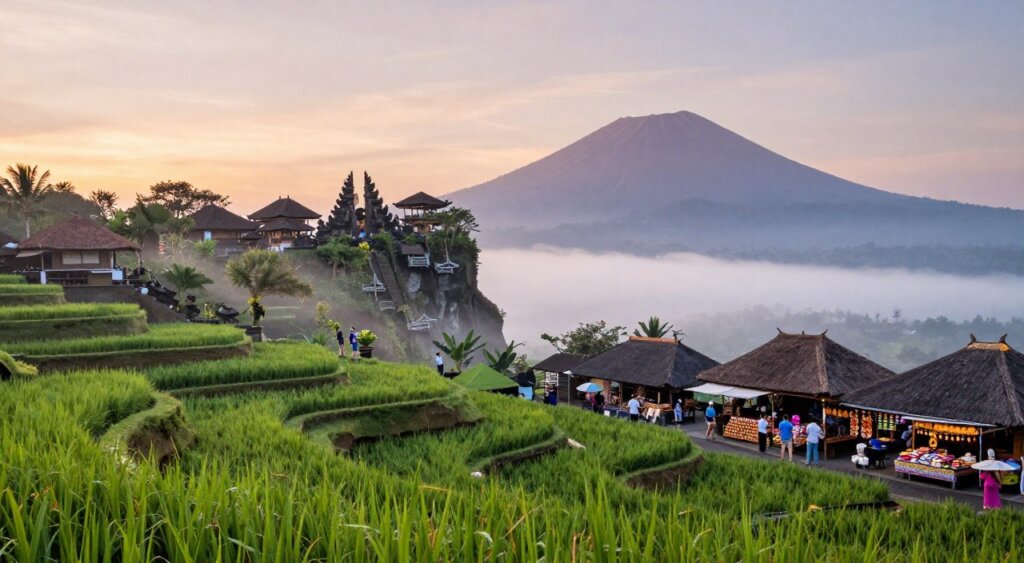 A stunning photojournalism-style image depicting a curated Bali itinerary showcasing must-see attractions. In the foreground, a serene rice terrace with vibrant green layers, traditional Balinese villas nestled among the fields, and wisps of mist rising in the morning light. In the middle ground, capture iconic landmarks such as Uluwatu Temple perched dramatically on cliffs, tourists admiring the view dressed in smart casual outfits, and lively local markets with colorful handicrafts. The background features a majestic volcano silhouette against a pastel sunrise sky. The overall mood is inviting and tranquil, emphasizing the beauty of Bali’s landscapes and cultural richness. Use natural lighting with a soft golden hue reminiscent of dawn, employing a wide-angle lens to create depth and intimacy. No text or overlays should appear in the image.