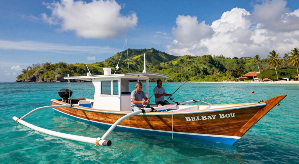 A stunning, realistic image of a Bali fishing charter boat anchored in crystal-clear turquoise waters. In the foreground, capture a beautifully designed charter boat with an elegant wooden finish, equipped with fishing gear and comfortable seating. In the middle ground, show a couple of anglers in modest casual clothing, smiling and prepping their fishing rods, embodying the excitement of their fishing adventure. In the background, include lush green hills and a vibrant blue sky, with a few fluffy clouds, to convey the tropical paradise vibe of Bali. Employ soft, natural lighting to evoke a warm and inviting atmosphere, as if it’s a perfect morning for fishing. Use a wide-angle lens to create depth, with a slight focus on the boat and anglers, highlighting the beauty of the scene without distractions.