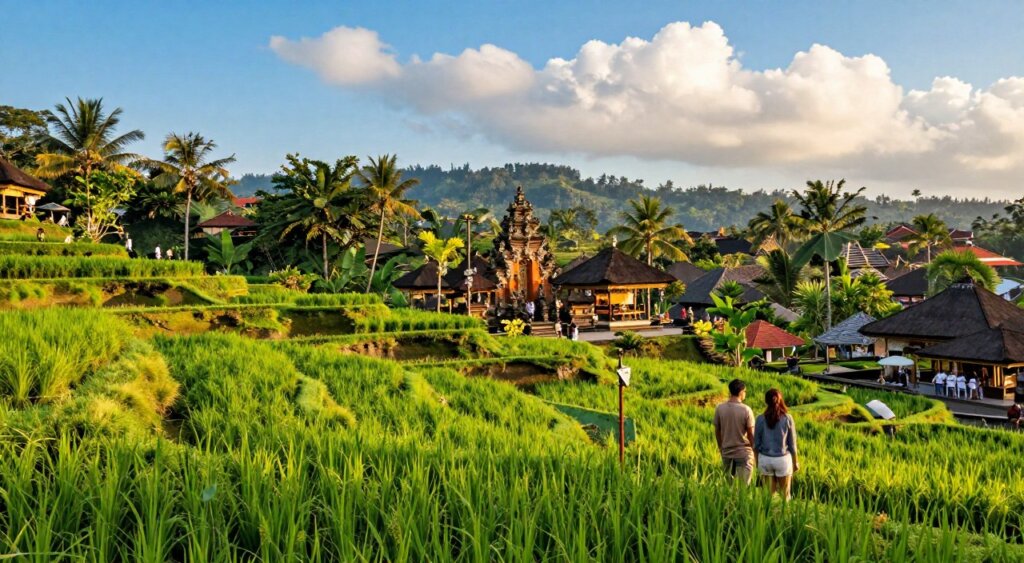 A stunning view of Bali's nearby attractions, showcasing the vibrant culture and natural beauty of the region. In the foreground, a lush green rice terrace with intricate layers reflecting the artistry of Balinese agriculture, and a couple in modest casual clothing exploring the scenery. The middle ground features a traditional Balinese temple with ornate carvings nestled among tropical foliage, surrounded by tourists appreciating the heritage. In the background, glimpses of Ubud's iconic hills under a bright blue sky with fluffy white clouds. The lighting is warm and inviting, akin to golden hour, enhancing the rich colors of the landscape. The mood is tranquil and vibrant, capturing the essence of Bali's allure. The composition suggests depth with a slightly elevated angle, emulating a captivating travel magazine aesthetic.