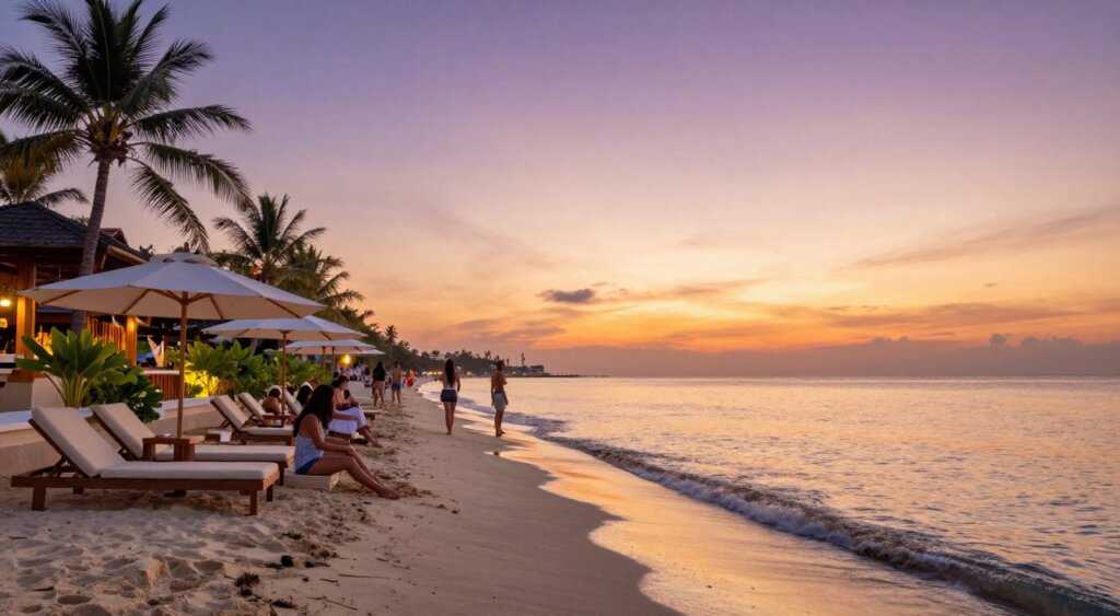 A stunning view of Seminyak Beach at sunset, capturing the allure of this upscale coastal destination. In the foreground, gentle waves lap against soft white sand, with a few beachgoers dressed in modest, casual attire enjoying the serene atmosphere. The middle grounds showcase elegant beach lounges under large umbrellas, with tropical plants adding lush greenery. In the background, the vibrant sky transitions to hues of orange and purple, reflected in the calm waters, while distant silhouettes of palm trees frame the scene. The image is illuminated by warm, golden lighting typical of the golden hour, emphasizing relaxation and sophistication, with a soft focus lens effect to evoke a tranquil, inviting mood.