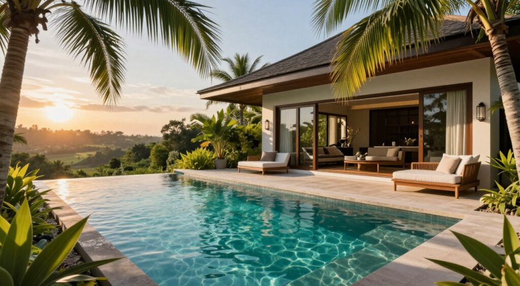 A stunning view of an exclusive Bali villa's private pool amenity. In the foreground, crystal-clear turquoise water ripples gently across the pool, surrounded by lush tropical plants. Soft, sun-dappled light filters through palm fronds, casting playful shadows on the elegant outdoor lounge area with plush furnishings. In the middle ground, the villa's modern architectural design combines natural materials with sleek lines, featuring large glass windows that invite the outside in. The backdrop showcases a serene landscape of Bali's green hills and vibrant sunsets, enhancing the tranquil atmosphere. The image should evoke a sense of luxury and relaxation, captured in high-resolution with a warm, golden-hour glow, using a wide-angle lens to encompass the entire scene.