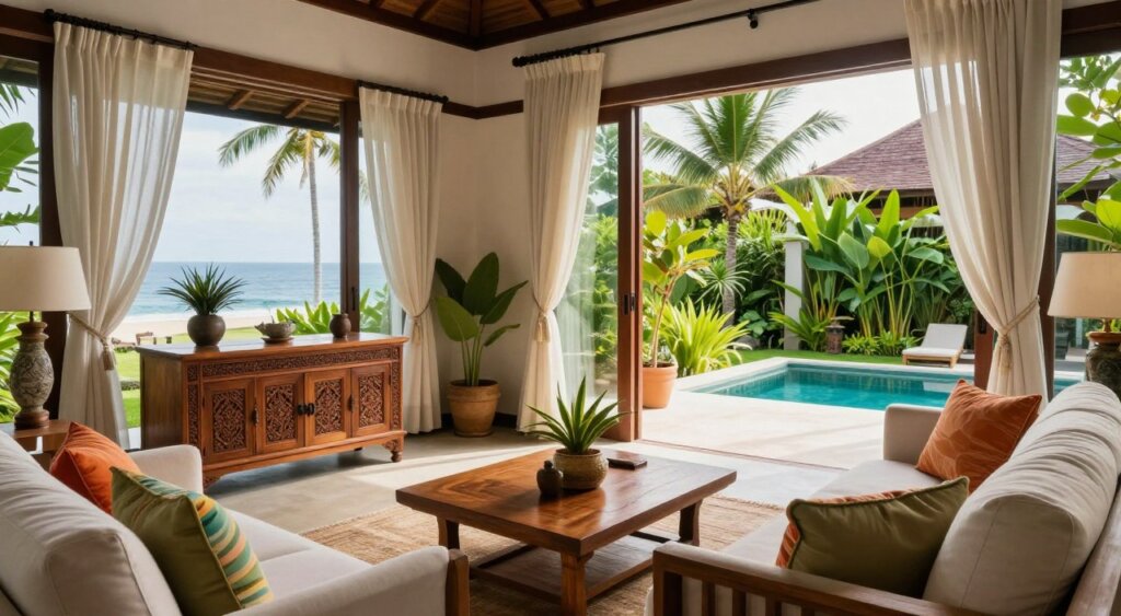 A stylish, furnished living room in a Bali villa, showcasing a blend of modern elegance and traditional Balinese elements. In the foreground, there’s a plush, light-colored sofa adorned with colorful cushions, complemented by a wooden coffee table with tropical decor. The middle layer features a large, intricately carved wooden cabinet and airy curtains that billow gently with the ocean breeze, enhancing the tropical ambiance. In the background, large glass doors open to a picturesque view of a lush garden, with vibrant green foliage and a hint of a swimming pool. The natural light floods the space, creating a warm and inviting atmosphere. Shot at a slight angle, capturing depth and inviting viewers into this serene setting, reminiscent of a cozy yet elegant rental space.