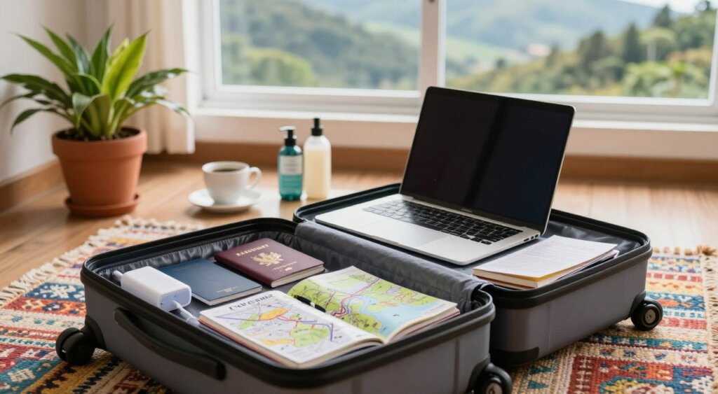A stylish, organized workspace scene illustrating essential items for digital nomads moving to Colombia. In the foreground, feature a neatly packed suitcase open on a colorful woven rug, showcasing a laptop, passport, travel documentation, portable charger, a notebook, and local maps. The middle ground should display a vibrant potted plant, a coffee cup, and travel-sized toiletries, emphasizing a comfortable, personal atmosphere. In the background, depict a bright window with views of lush Colombian landscapes, hinting at the adventure awaiting. Soft, natural lighting fills the scene, enhancing the warm, inviting mood. Use a shallow depth of field to focus on the suitcase while gently blurring the background, creating an immersive, professional photojournalism effect.