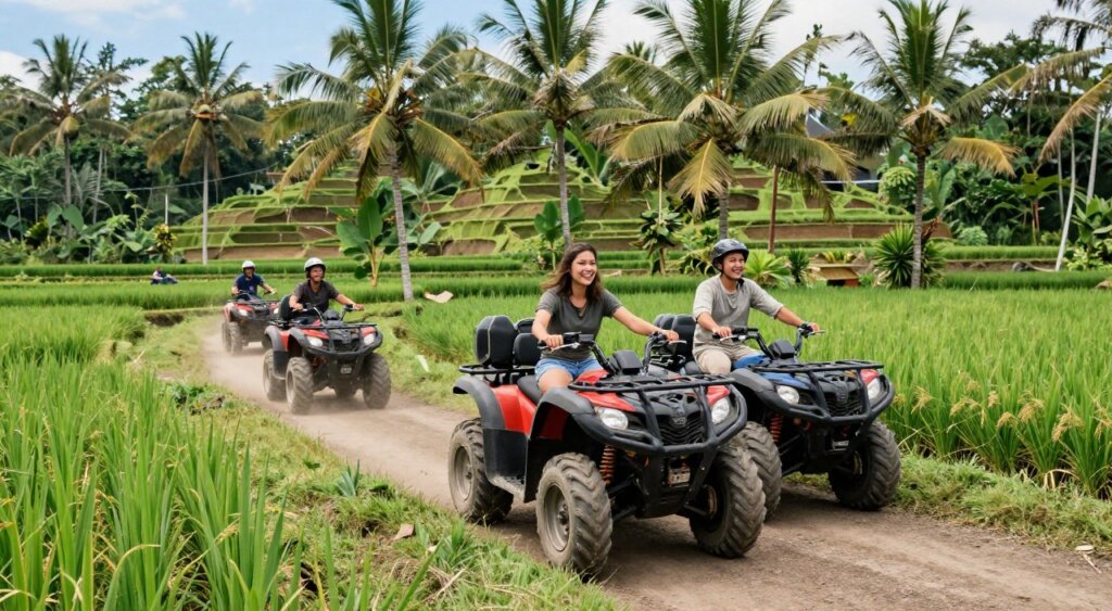A thrilling ATV adventure scene set in the lush landscapes of Ubud, Bali. In the foreground, two riders in modest, casual clothing navigate through a winding dirt path surrounded by verdant rice paddies and tropical greenery. Their smiles express excitement and exhilaration as they expertly maneuver the powerful ATVs. In the middle ground, additional riders can be seen in the distance, adding a sense of camaraderie and adventure. The background showcases Bali's iconic palm trees and steep, terraced fields under a crisp, blue sky, enhancing the serene yet thrilling atmosphere. Captured in vibrant colors and natural lighting, this photo evokes a sense of exploration and the beauty of Bali’s nature. The perspective is dynamic, shot at an angle low to the ground to emphasize the speed and adventure of the tour, akin to National Geographic photojournalism.