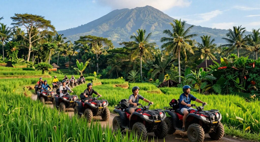 A thrilling ATV adventure through the lush landscapes of Bali, showcasing vibrant green rice terraces and dense tropical forests. In the foreground, a group of diverse tourists dressed in casual but modest clothing navigates their ATVs over a rugged trail, expressions filled with excitement and wonder. In the middle ground, the ATV path winds through the foliage, with glimpses of local flora, and maybe a glimpse of traditional Balinese architecture peeking through the trees. In the background, the majestic Bali mountains rise under a clear blue sky, with soft sunlight filtering through the leaves, creating dappled light on the scene. The mood is adventurous and vibrant, capturing the essence of Bali's natural beauty and thrilling exploration. A wide-angle lens perspective enhances the expansive feel of the landscape without any text or overlays.