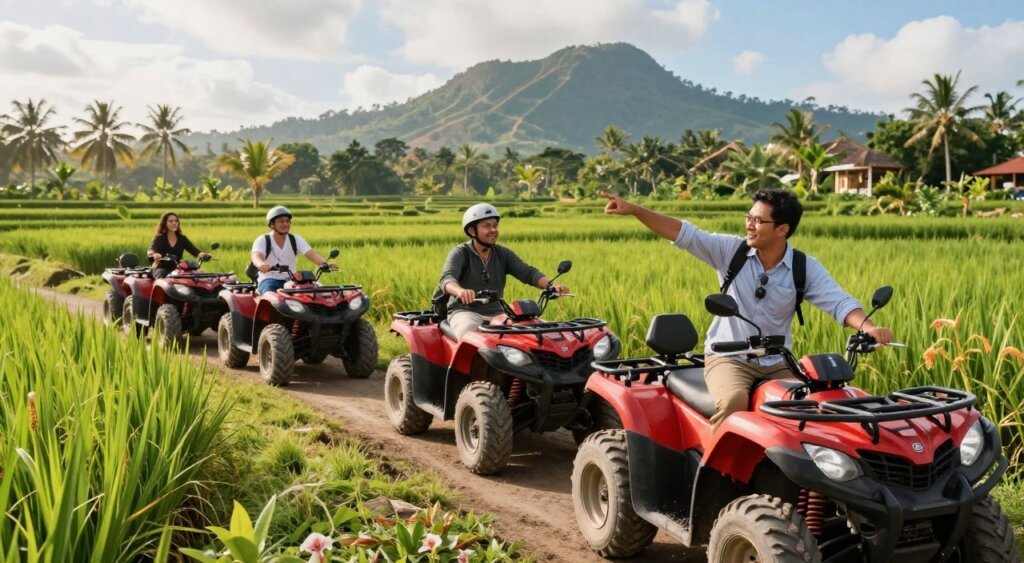 A thrilling ATV tour in the lush landscapes of Ubud, Bali, showcasing a professional tour operator guiding a group. In the foreground, an experienced guide in smart casual attire points towards an exciting trail, while two enthusiastic tourists in sporty, modest clothing prepare to mount their ATVs. The middle ground features vibrant green rice paddies and tropical foliage, with the ATVs parked nearby, ready for action. In the background, majestic hills and a bright blue sky enhance the adventurous atmosphere. The scene is captured in warm, natural lighting, with a slightly elevated angle that emphasizes the excitement of the tour. The overall mood is invigorating and inviting, reflecting the best of Bali's outdoor adventure experiences.