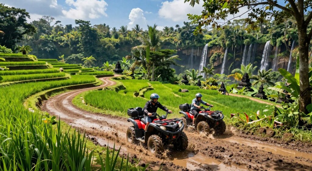 A thrilling Bali ATV adventure scene, capturing riders traversing lush, vibrant green rice terraces and rugged dirt trails under bright blue skies. In the foreground, two adventurous individuals wearing stylish protective gear and helmets navigate their ATVs, splashing through muddy puddles with excitement. The middle ground showcases a winding trail surrounded by tropical foliage and distant stone formations, while the background features cascading waterfalls and the silhouettes of distant hills, creating a sense of depth and scale. The sunlight filters through the trees, casting dappled shadows and enhancing the tropical atmosphere. This photojournalistic style image evokes a sense of exploration and excitement in the serene yet thrilling landscape of Bali, emphasizing the adventurous spirit of ATV riding.