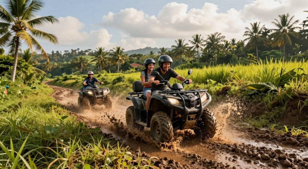 A thrilling Bali ATV experience on a muddy, winding trail, showcasing the excitement of adventure. In the foreground, an ATV splashes through thick mud, with droplets glistening in sunlight. Riders donned in casual, practical clothing with helmets, smiling with joy. The middle ground features a lush, tropical landscape with dense greenery and palm trees, creating a vibrant atmosphere. In the background, rolling hills fade into a blue sky dotted with white clouds. The lighting is warm and inviting, capturing a beautiful afternoon in Bali. The angle is slightly tilted to emphasize movement, evoking a sense of speed and fun. The overall mood is exhilarating, highlighting the adventure and thrill of riding an ATV in paradise.