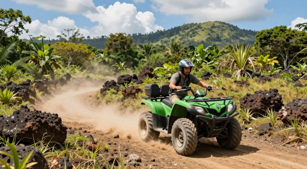 A thrilling off-road quad biking adventure through the lush, rugged terrain of Bali. In the foreground, a vibrant green quad bike zooms over a dirt trail, kicking up a plume of dust. A rider, dressed in a helmet and casual outdoor gear, confidently navigates the terrain, highlighting the excitement of the experience. The middle ground showcases a mix of dense tropical vegetation and scattered volcanic rocks, illustrating Bali's unique landscape. In the background, distant hills covered in thick foliage rise under a bright blue sky adorned with fluffy white clouds, suggesting a warm, sunny day. The lighting is natural, casting soft shadows that enhance the depth of the scene. The overall mood is exhilarating and adventurous, capturing the spirit of an unforgettable quad bike tour in Bali.