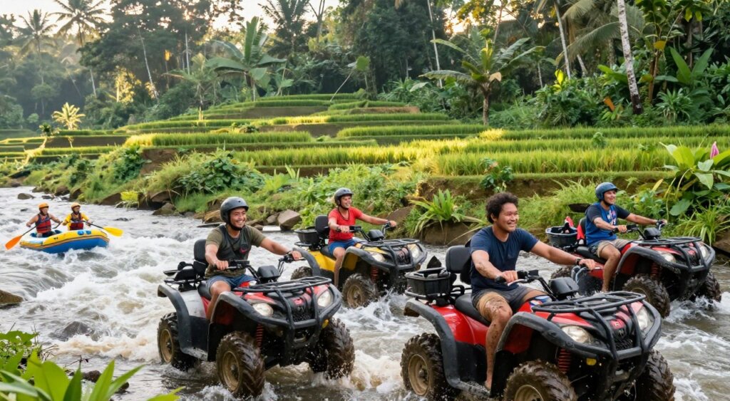 A thrilling scene showcasing a rafting and ATV combo adventure in Bali's lush Ubud region. In the foreground, a diverse group of young adults wearing practical yet stylish attire, smiling and enjoying the exhilarating experience on ATVs, with mud splatters enhancing the excitement. In the middle ground, white-water rapids flow energetically, with paddlers navigating the waves in colorful inflatable rafts. The background features Bali's iconic rice terraces and dense green jungle, with soft morning sunlight filtering through the trees, casting dappled shadows on the scene. The atmosphere is vibrant and adventurous, evoking a sense of excitement and camaraderie in this unique outdoor experience, captured with a wide-angle lens to encompass all elements harmoniously.