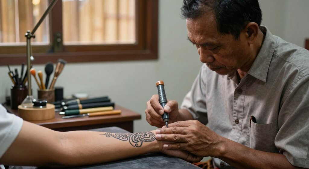 A traditional Balinese tattoo artist meticulously at work in a serene studio filled with cultural decor. In the foreground, the artist, a middle-aged Balinese man dressed in a modest, traditional shirt, demonstrates his skills as he carefully tattoos intricate, symbolic designs onto a client's forearm, showcasing the delicate details of the ink and tools. In the middle ground, an array of traditional tattoo equipment is neatly arranged on a wooden table, hinting at the artistry and craftsmanship involved. The background features soft, ambient lighting filtering through a bamboo window, creating a warm and inviting atmosphere. The overall mood is one of dedication, tradition, and creativity, capturing the essence of Balinese tattoo culture at its finest.