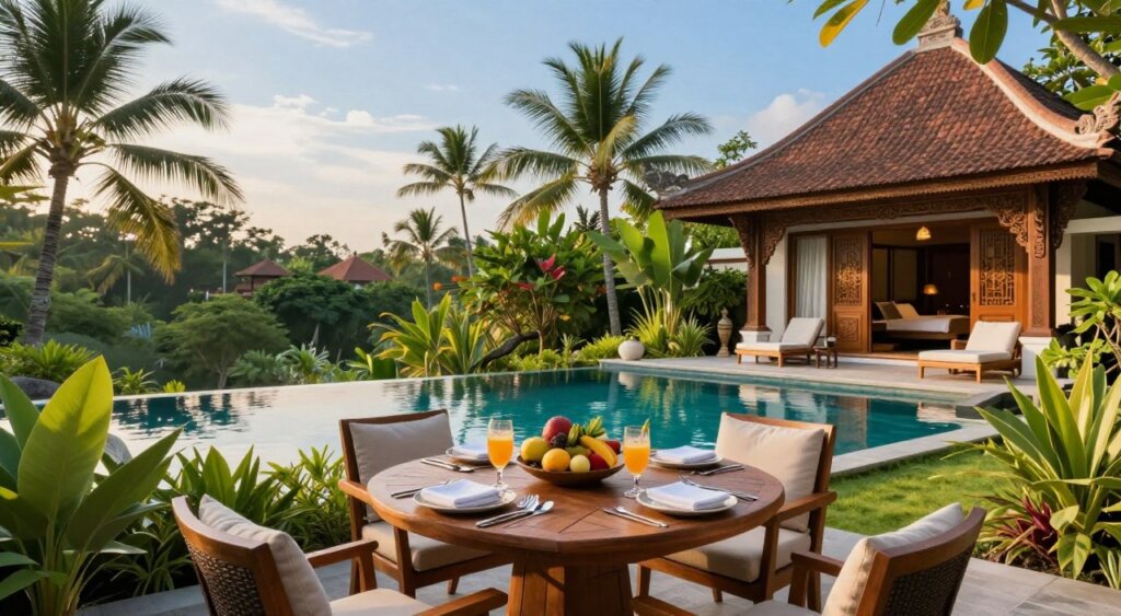 A tranquil Bali villa scene showcasing tips for an exceptional stay. In the foreground, a beautifully arranged outdoor dining area with a wooden table set for two, adorned with fresh tropical fruits and beverages, surrounded by lush greenery. The middle ground features a stunning infinity pool that reflects the clear blue sky, with comfortable lounge chairs nearby. The background reveals a traditional Balinese villa with intricate carvings, lush gardens, and swaying palm trees, under soft, warm lighting of the golden hour. The atmosphere is serene and inviting, evoking relaxation and harmony, captured with a wide-angle lens to emphasize the beauty of the landscape and the intricate details of the villa design. The overall mood should inspire a sense of peaceful luxury and connection to nature.