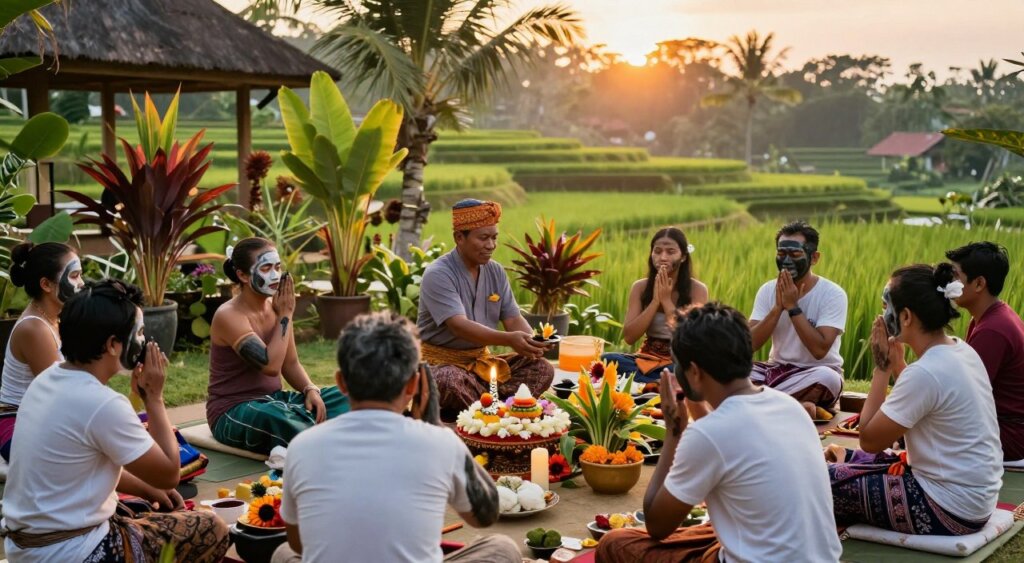 A tranquil Balinese healing setting, showcasing a diverse group of individuals preparing for an authentic mud ritual in Kedonganan. In the foreground, Modestly dressed participants are applying traditional Balinese mud masks to their faces and arms, their expressions reflecting anticipation and serenity. The middle ground features a healer in traditional attire, gently guiding participants, surrounded by lush tropical plants and offerings of flowers. In the background, a scenic view of rice terraces under a soft golden sunrise, with warm ambient light illuminating the scene. The atmosphere is serene and sacred, capturing the transformative essence of the ritual. The composition should emulate National Geographic’s photojournalism style, with a focus on vibrant colors, natural textures, and an inviting, spiritual mood.