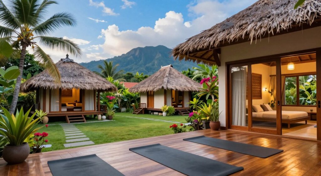 A tranquil and inviting yoga retreat setting in Bali, showcasing a serene accommodation space nestled among lush tropical gardens. In the foreground, a well-appointed yoga studio features polished wooden floors and large windows allowing natural light to flood the room, with yoga mats neatly arranged. The middle ground presents cozy accommodation options, including stylish bungalows with thatched roofs, surrounded by vibrant flowers and palm trees. In the background, the majestic outline of Bali's mountains and a bright blue sky accentuate the peaceful atmosphere. Soft, warm lighting creates a calming vibe, and the scene is captured with a wide-angle lens to evoke a sense of openness and tranquility, ideal for solo travelers seeking the perfect yoga experience.